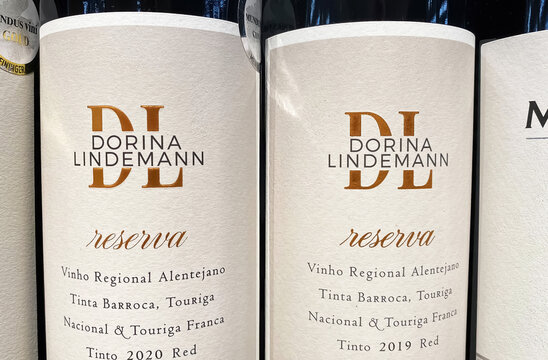 Viersen, Germany - October 9. 2023: Closeup of winery Dorina Lindemann red wine bottle label