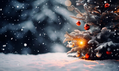 Christmas tree with lights on the snow at night, in an open winter forest, Christmas postcard.