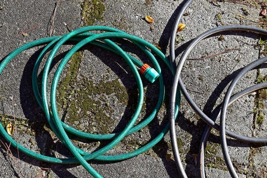 Garden rubber hoses on the ground
