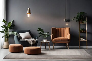 Armchair with pillow, glowing lamp, plant in , ottoman and carpet on floor on gray wall background in living room