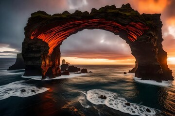 At sunset, a grand lava arch can be seen on the coast of Ocean. Incredible Icelandic landscapes....