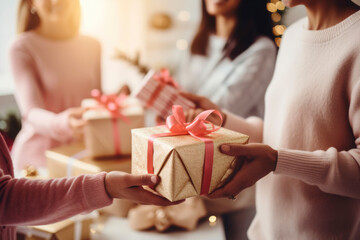 Close up of a Young man giving a gift box with pink bow to his surprised happy woman. Hands of young couple giving and receiving a Christmas gift box to each other.
