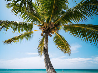 Upward view of a tall palm tree with green fronds and coconuts against a bright blue sky, representing tropical beauty and nature.