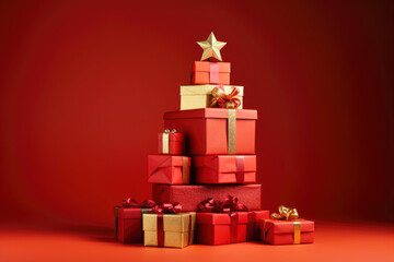 Red christmas presents and gifts wrapped with red and gold paper stacked into a festive christmas tree shape on minimalist red background