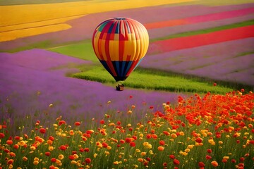 Beautiful rural fields with various colors, with flowers. The enormous air balloon soars above the meadow