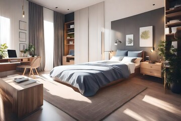 Bright and cheerful interior bedroom with a bed and desk. Design for a home's interior space