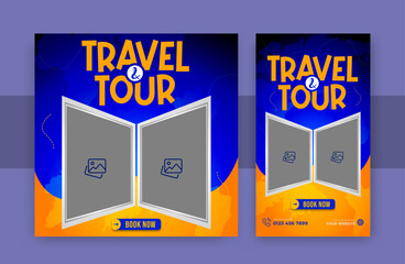 Modern traveling social media post banner template design with instagram story, Tour travel holiday tourism marketing social media post, Editable modern illustration