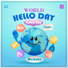 World Hello Day. Speech Bubbles in Different Languages from Around the World With Cute Earth Characters. 3d vectors suitable for events © Kevyn