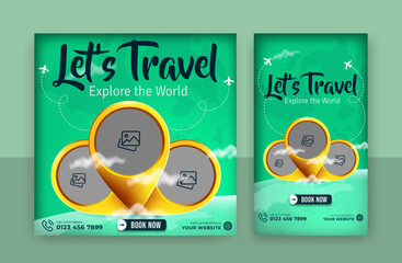 Modern social media post or square banner template with instagram story for travel holiday tourism promotional marketing agency and promo. tour advertising. flyer. Editable vector illustration - obrazy, fototapety, plakaty