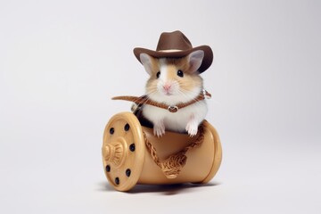 Photo of a Hamster in a cowboy hat riding a tiny saddle against a clean white background. Generative AI