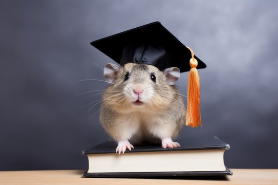 Photo of a Hamster in a graduation cap, proudly displaying a tiny diploma with a clean white background. Generative AI