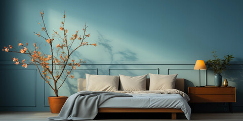 Stilvolles Schlafzimmer in blau Ton und schöner Dekoration im modernen Ambiente, ai generativ - obrazy, fototapety, plakaty