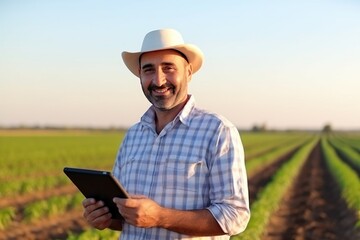 smile businessman farmer holding a tablet in countryside