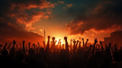 Arms raised in protest protestors fists raised up in the air, Generative AI