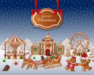 Fototapeta premium christmas card with gingerbread landscape. christmas background with gingerbread amusement park. christmas poster with candies and cookies