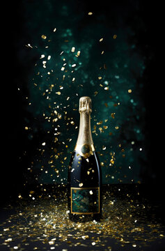 Champagne bottle with  glitte gold confetti on dark green background. Party and festive scene. Christmas, New Year, birthday or wedding celebration.