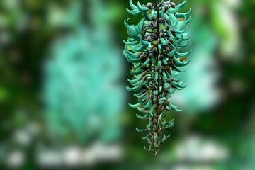 Jade vine or Emerald vine flower blooming. Strongylodon macrobotrys. The turquoise flowers of strongylodon macrobotrys, also known as jade vine, emerald  or turquoise jade vine, lying on the ground - obrazy, fototapety, plakaty