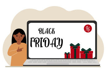 A little girl next to a big laptop, on his screen is the text black friday and a lot of gift boxes.