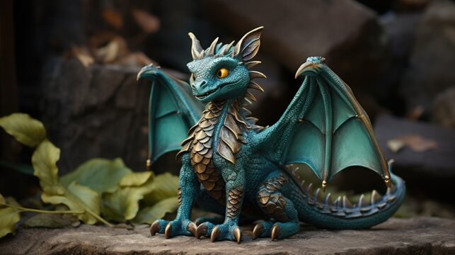 Cute smiling blue dragon sitting outdoor. Baby dragon. Cartoon character