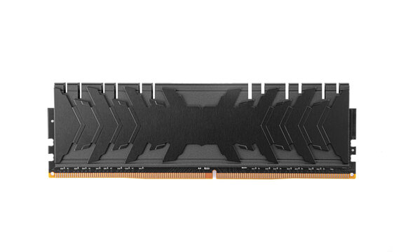 Modern black ddr4 desktop memory module isolated on a white background.