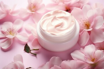 Naklejka na ściany i meble Soothing Cosmetic cream pink flowers. Body beauty. Generate Ai