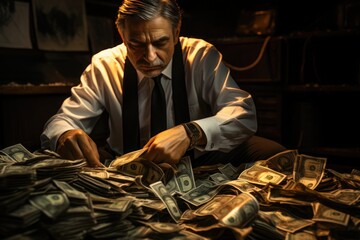 Middle-aged man in a shirt with a tie counting a lot of earned money