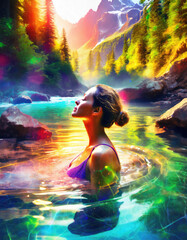 Woman bathing in a colorful mountain pond