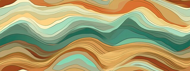Seamless abstract topographic map wavy ridged lines background texture in earth tones color palette. Topology wallpaper pattern