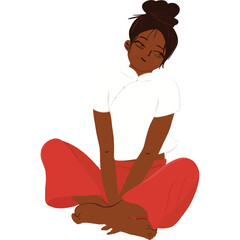 Black woman illustration sitting cross-legged, meditating, transparent background