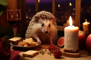 Photo of a hedgehog having a tea party with plush toys and miniature pastries. Generative AI