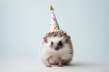 Fototapeta na wymiar Photo of a hedgehog wearing a tiny party hat with a white backdrop. Generative AI