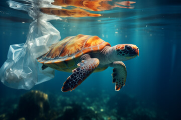 World turtle day and Ocean environmental day. Turtle with plastic in the water .Save sea plastic pollution.Climate change, Environmental CSR. copy space