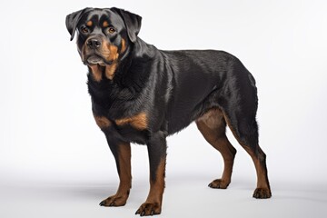 Photo of a loyal Rottweiler in a protective stance against a clean white background . Generative AI