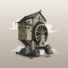 old vintage house with a water wheel