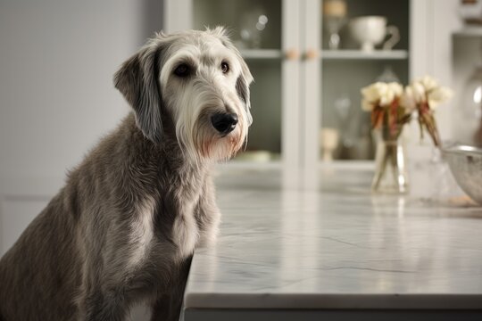 Photo of a majestic Irish Wolfhound with its gentle disposition on a clean white countertop. Generative AI