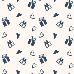 Seamless pattern with gifts and hearts. Monochrome vector illustration