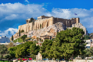 The Acropolis of Athens, Greece, with the Parthenon Temple on top of the hill in Athens