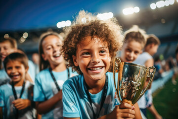 Kids holding championship trophy after winning a thrilling tournament football game