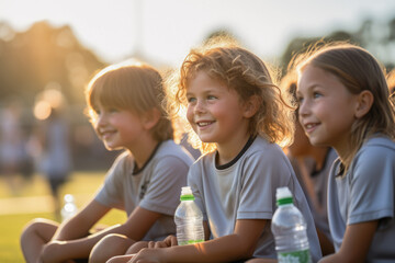 Young athletes hydrate and rest during a football training session, ensuring safety and optimal performance