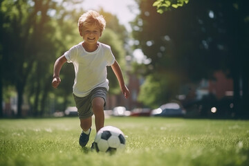 Child practices passing the soccer ball on a well-groomed field, honing skills with precision