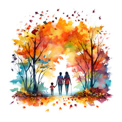 Family thanksgiving, Watercolor illustration of happy family autumn Thanksgiving isolated