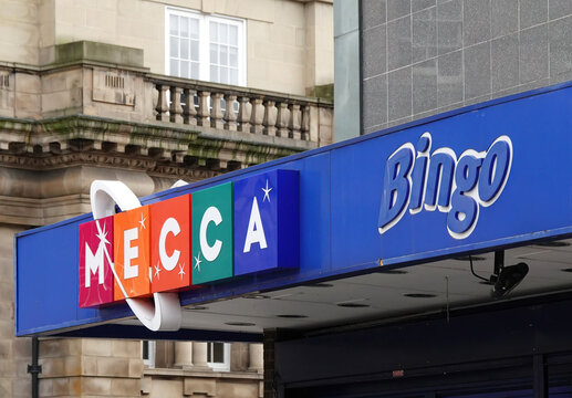 Sheffield, UK - March 4, 2023: MECCA Bingo club sign in Sheffield, Yorkshire, UK. 