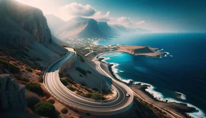Türaufkleber Bereich Photo of a road curving along the coastline, offering breathtaking views of the deep blue sea and a cloudless sky