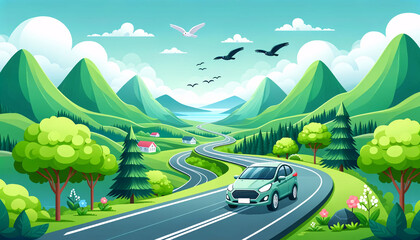 Illustration of a car driving on a winding road, with lush green mountains on either side and birds flying in the sky