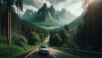 Papier Peint photo Alpes  Photo of a car in motion, traveling on a road that cuts through dense forests, with majestic green mountains looming in the distance