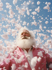 Happy and dreamy Santa under the snow made of cotton