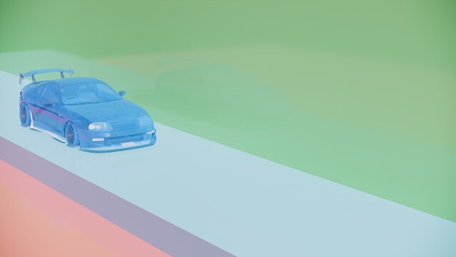 Concept hyper car. Stylized, toy looking hyper car. Pastel blue , red , pink green colors scene. 3D rendering for web page, studio, presentation or picture frame backgrounds.
