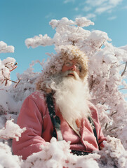Happy and dreamy Santa with sakura on background