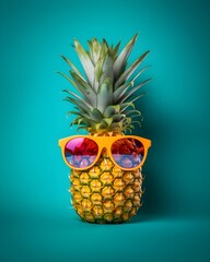 Pineapple fruit wearing sunglasses on isolated on solid background
