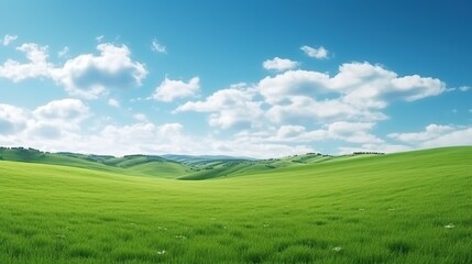 Natural Scenic Panorama Green Field with Blue Sky
